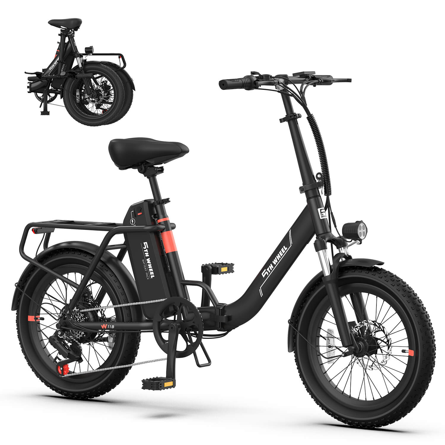 5TH WHEEL W11B 20" Fat Tire Electric Bike, 500W Foldable Adult E-bike with 48V 15.6Ah Removable Battery, Electric Bicycle with 7 Speed, UL2849