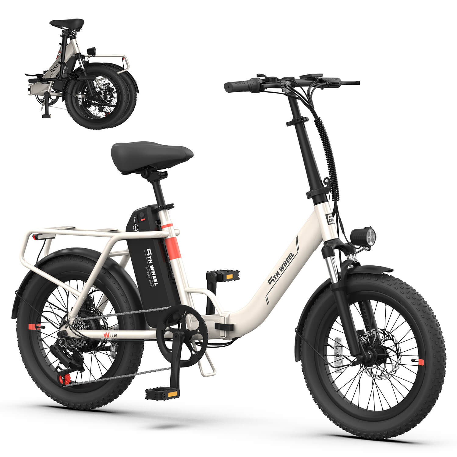 5TH WHEEL W11B-W 20" Fat Tire Electric Bike, 500W Foldable Adult E-bike with 48V 15.6Ah Removable Battery, Electric Bicycle with 7 Speed, UL2849, White